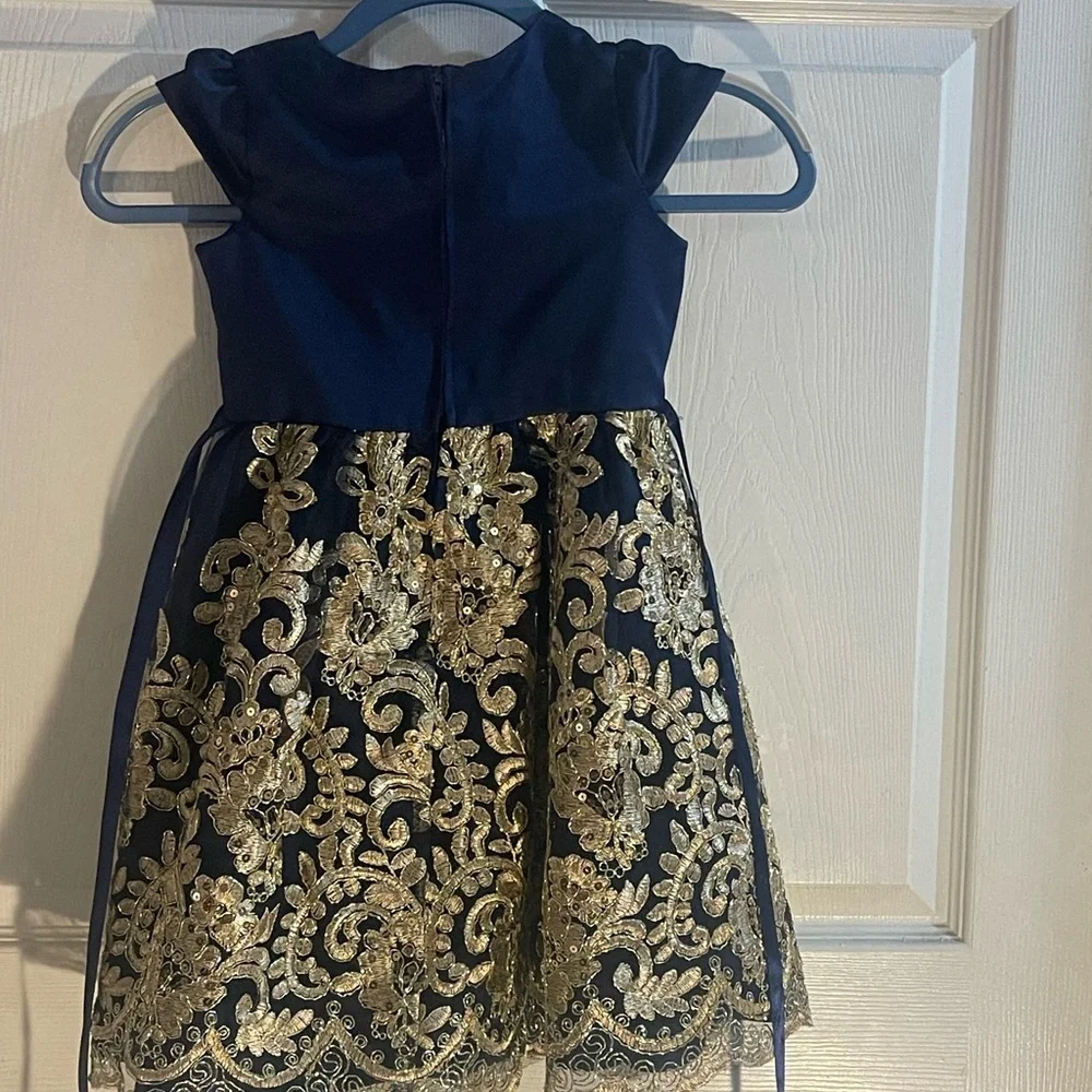 Rare Editions Navy Dress with Gold Lace Overlay - Picture 4 of 7